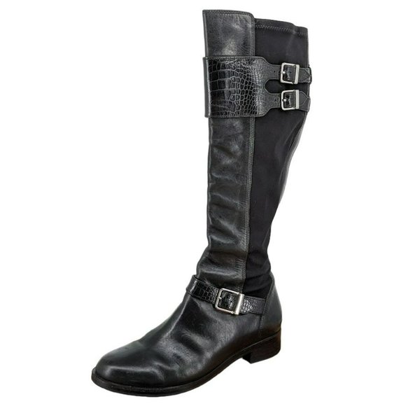 Cole Haan Tennley Knee High Boots 7.5 B Black Leather Stretch Buckles Pull On - Picture 13 of 13